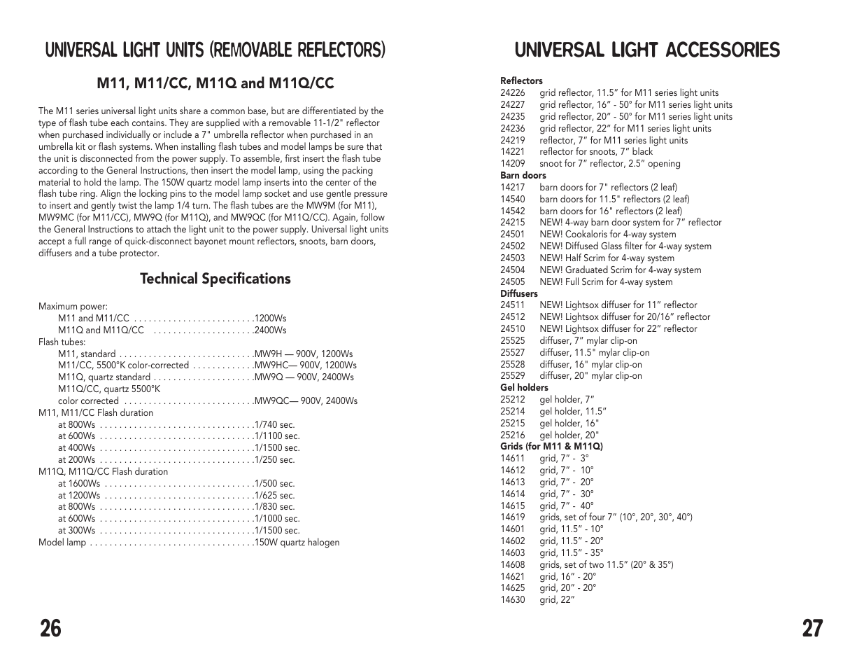 Universal light units (removable reflectors), Universal light accessories, Technical specifications | Speedotron Brown Line Equipment User Manual | Page 14 / 17