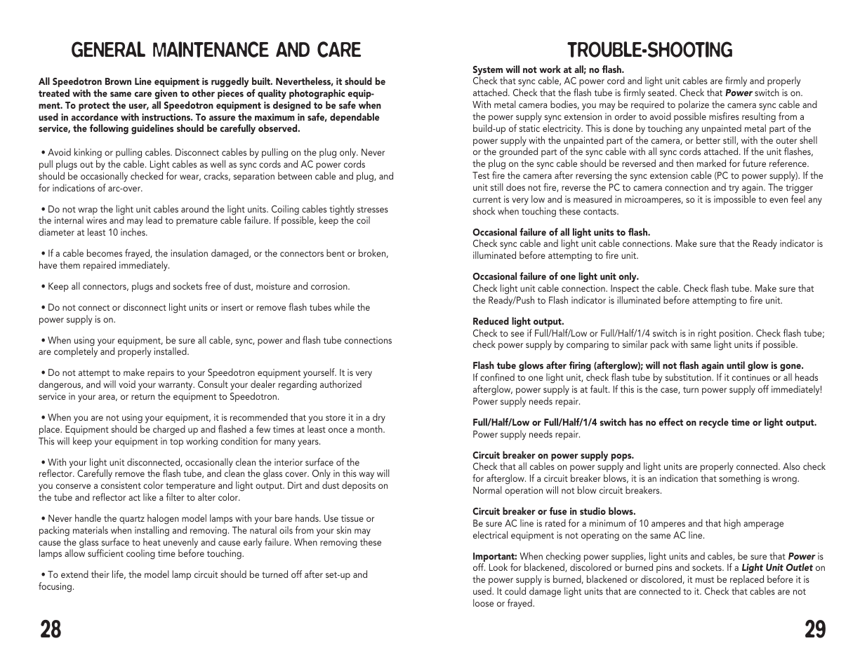 Trouble-shooting, General maintenance and care | Speedotron Brown Line Equipment User Manual | Page 15 / 17