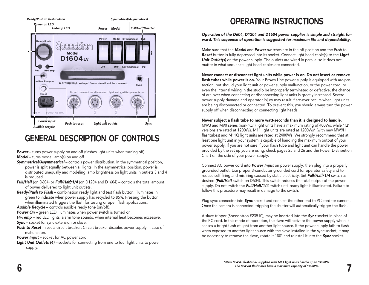 Operating instructions, General description of controls | Speedotron Brown Line Equipment User Manual | Page 4 / 17