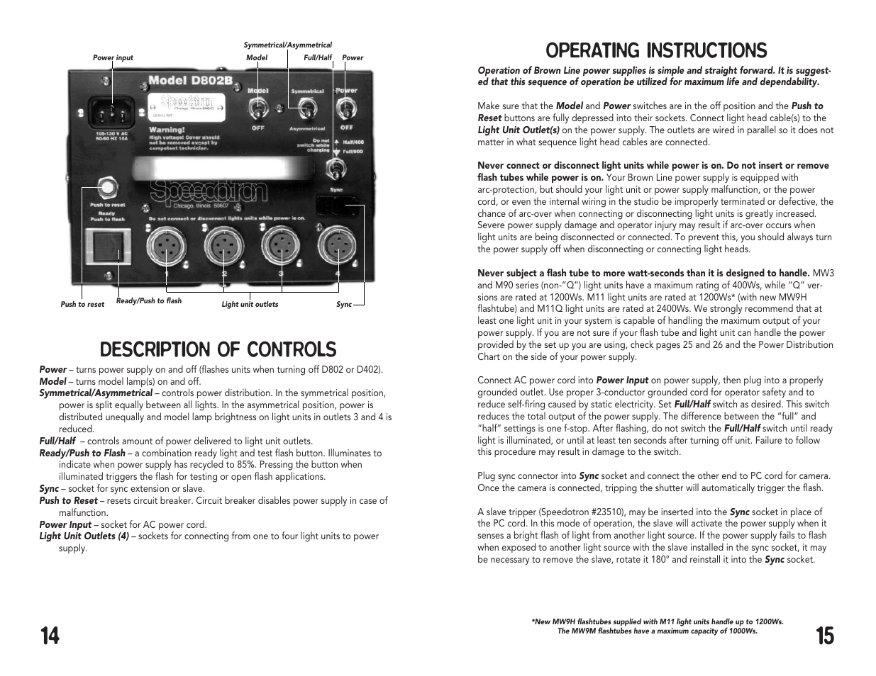 Operating instructions, Description of controls | Speedotron Brown Line Equipment User Manual | Page 8 / 17