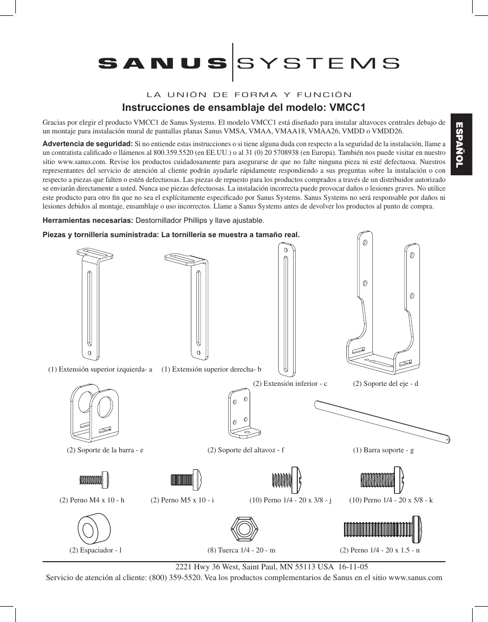 Instrucciones de ensamblaje del modelo: vmcc1 | Sanus Systems VMCC1 User Manual | Page 11 / 66
