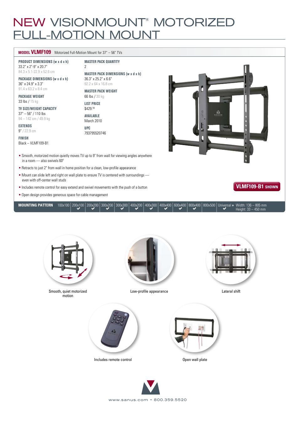 New visionmount, Motorized full-motion mount | Sanus Systems New VisionMount VLMF109-B1 User Manual | Page 2 / 2
