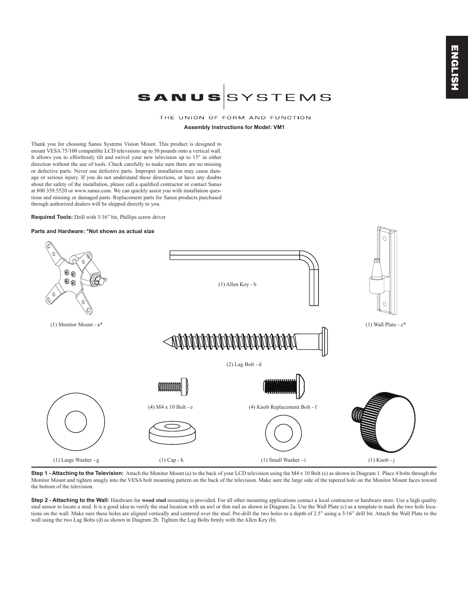 English | Sanus Systems VM1 User Manual | Page 3 / 18