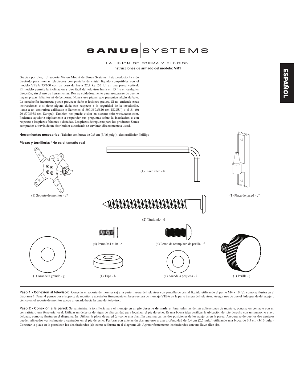 Esp añol | Sanus Systems VM1 User Manual | Page 5 / 18