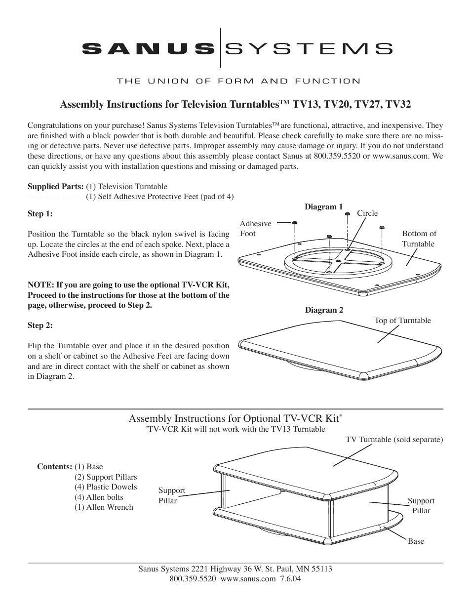 Sanus Systems TELEVISION TURNTABLES TV13 User Manual | 2 pages