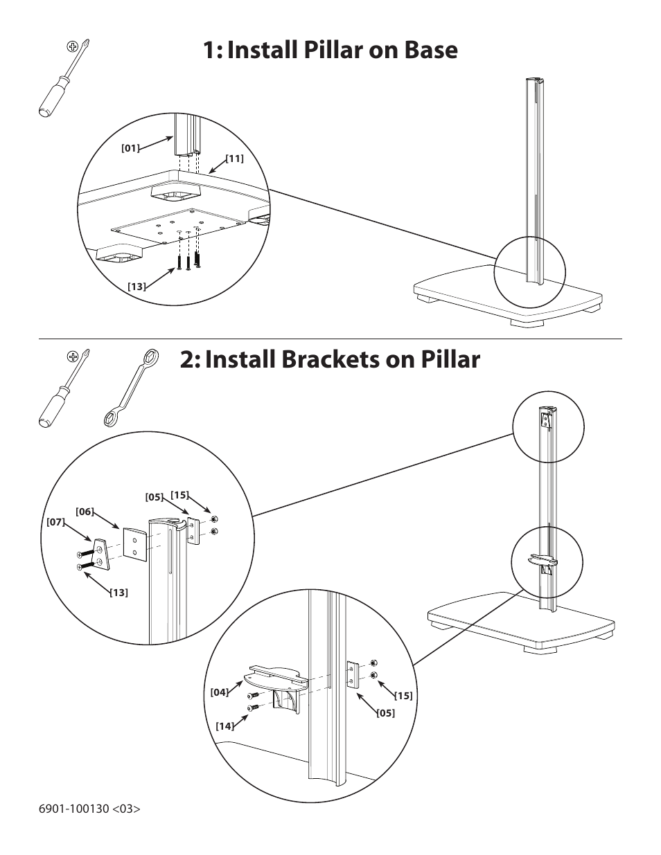 Install pillar on base, Install brackets on pillar | Sanus Systems FFSF1A User Manual | Page 3 / 7