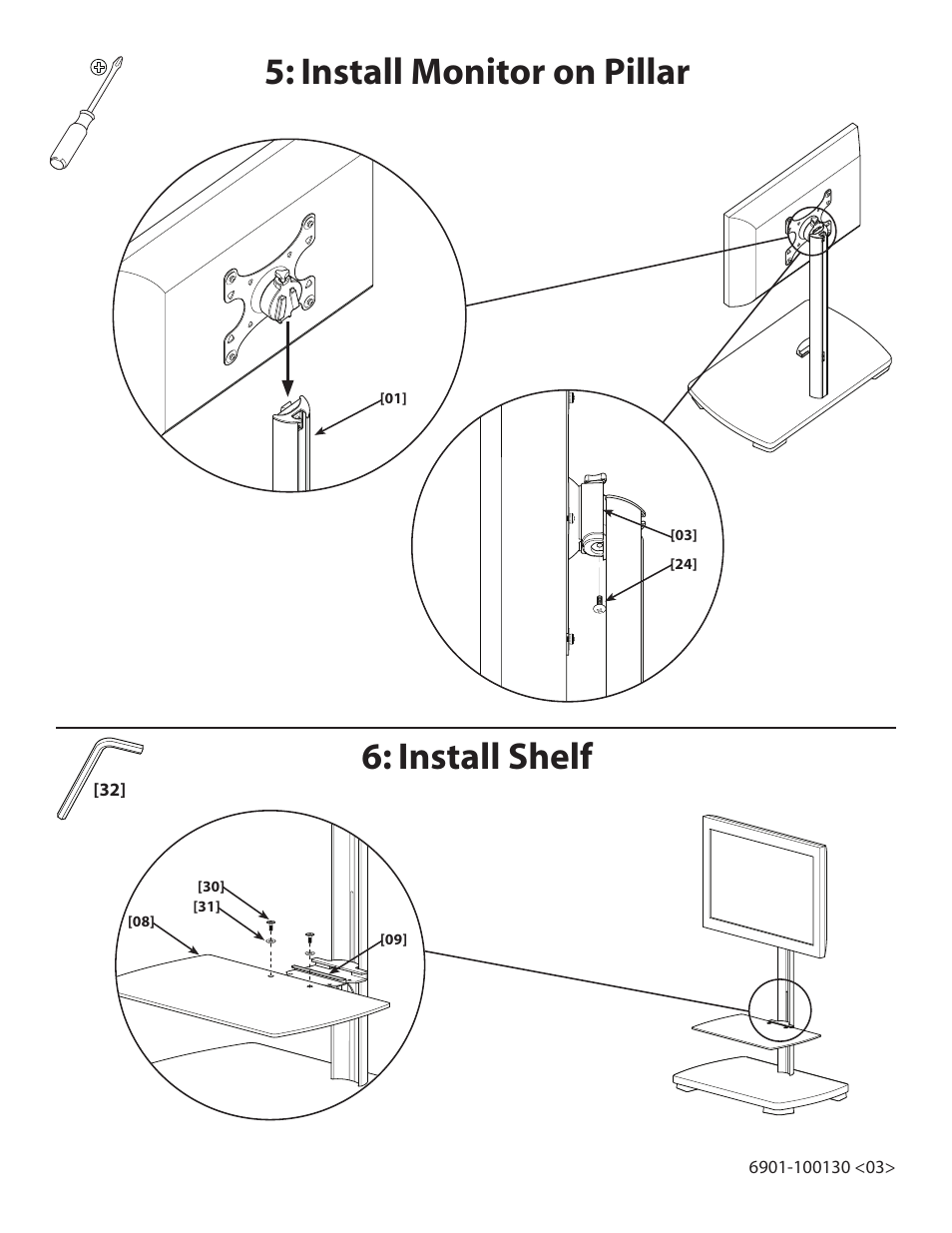 Install monitor on pillar 6: install shelf | Sanus Systems FFSF1A User Manual | Page 6 / 7