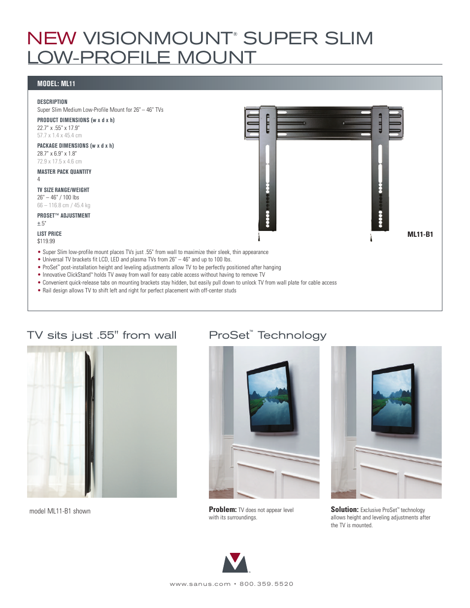New visionmount, Super slim low-profile mount, Proset | Technology tv sits just .55" from wall | Sanus Systems ML11-B1 User Manual | Page 2 / 2