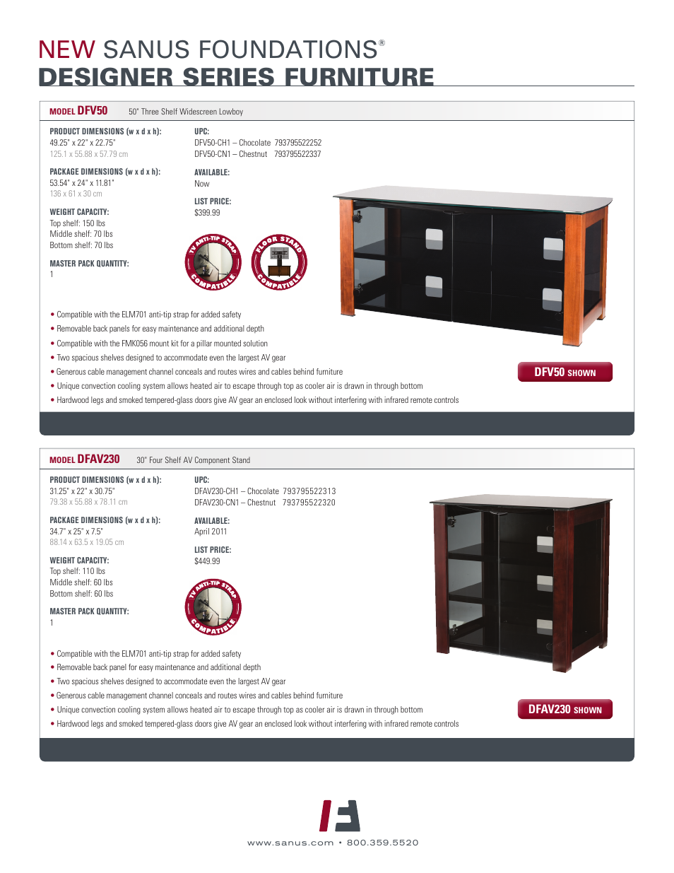New sanus foundations, Designer series furniture, Dfv50 | Dfav230 | Sanus Systems New AV Foundations Designer Series User Manual | Page 2 / 2