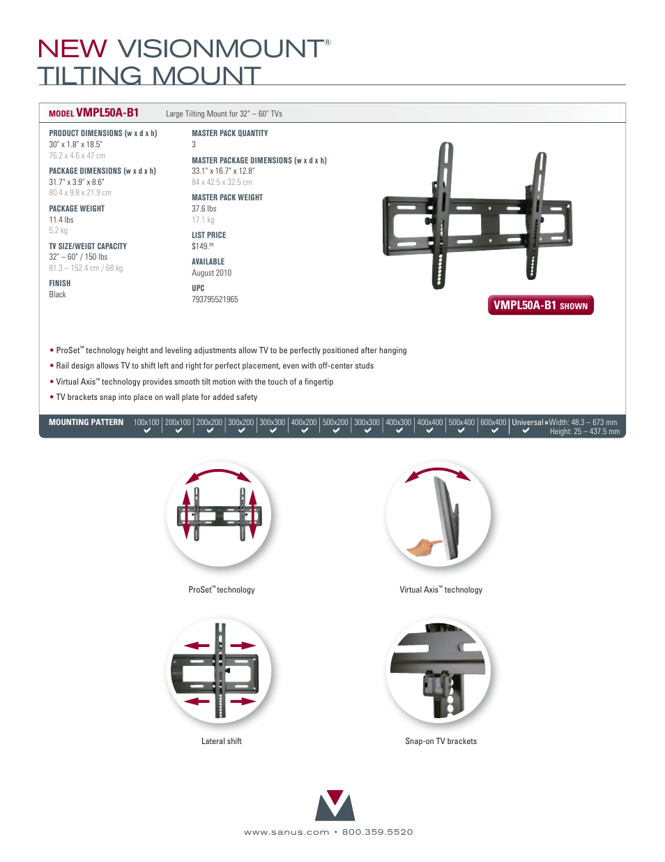 New visionmount, Tilting mount | Sanus Systems VisionMount VMPl50A User Manual | Page 2 / 2