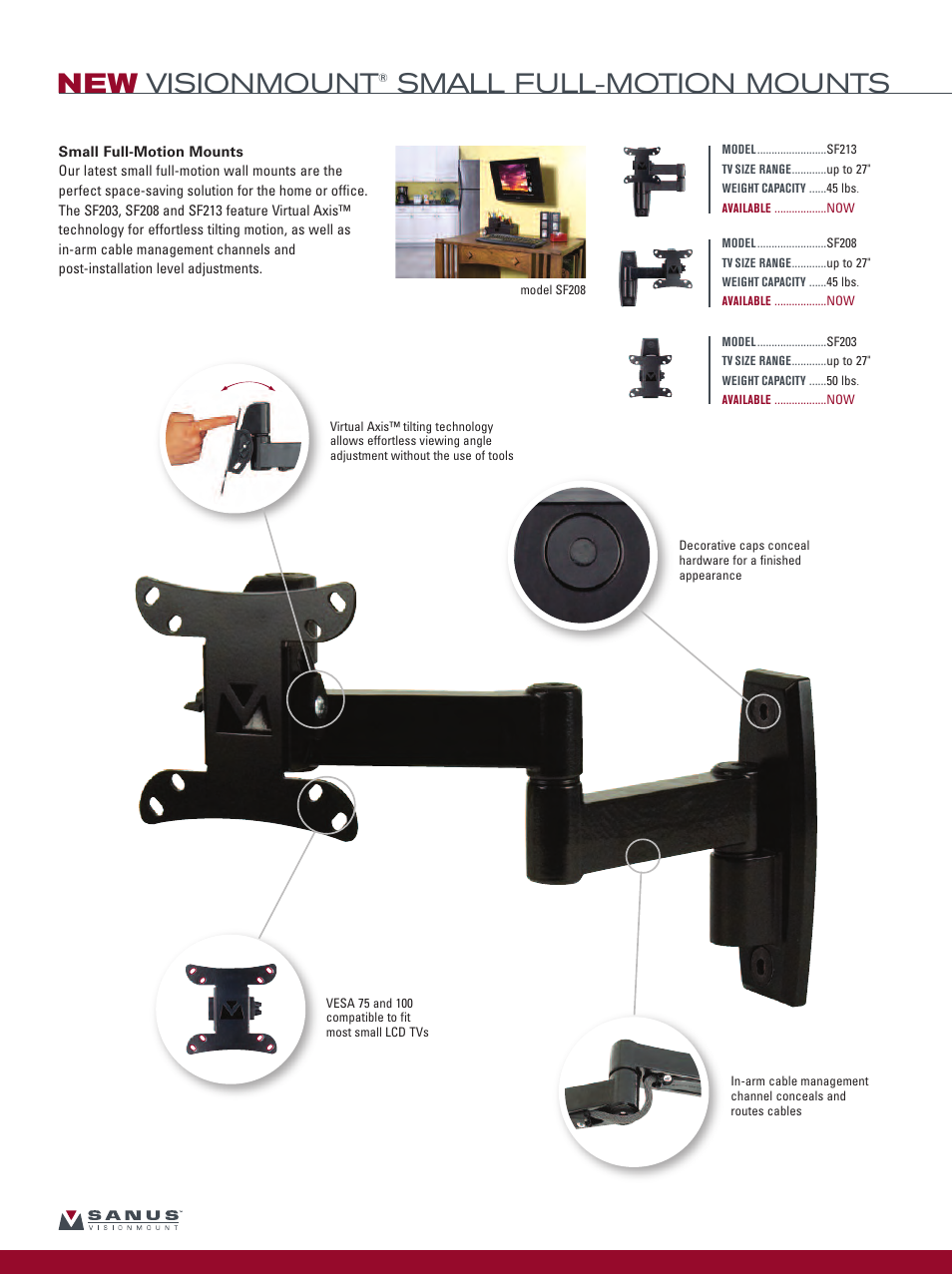 New visionmount, Small full-motion mounts | Sanus Systems Sanus Vertical AV Foundations VF2022-B1 User Manual | Page 12 / 16