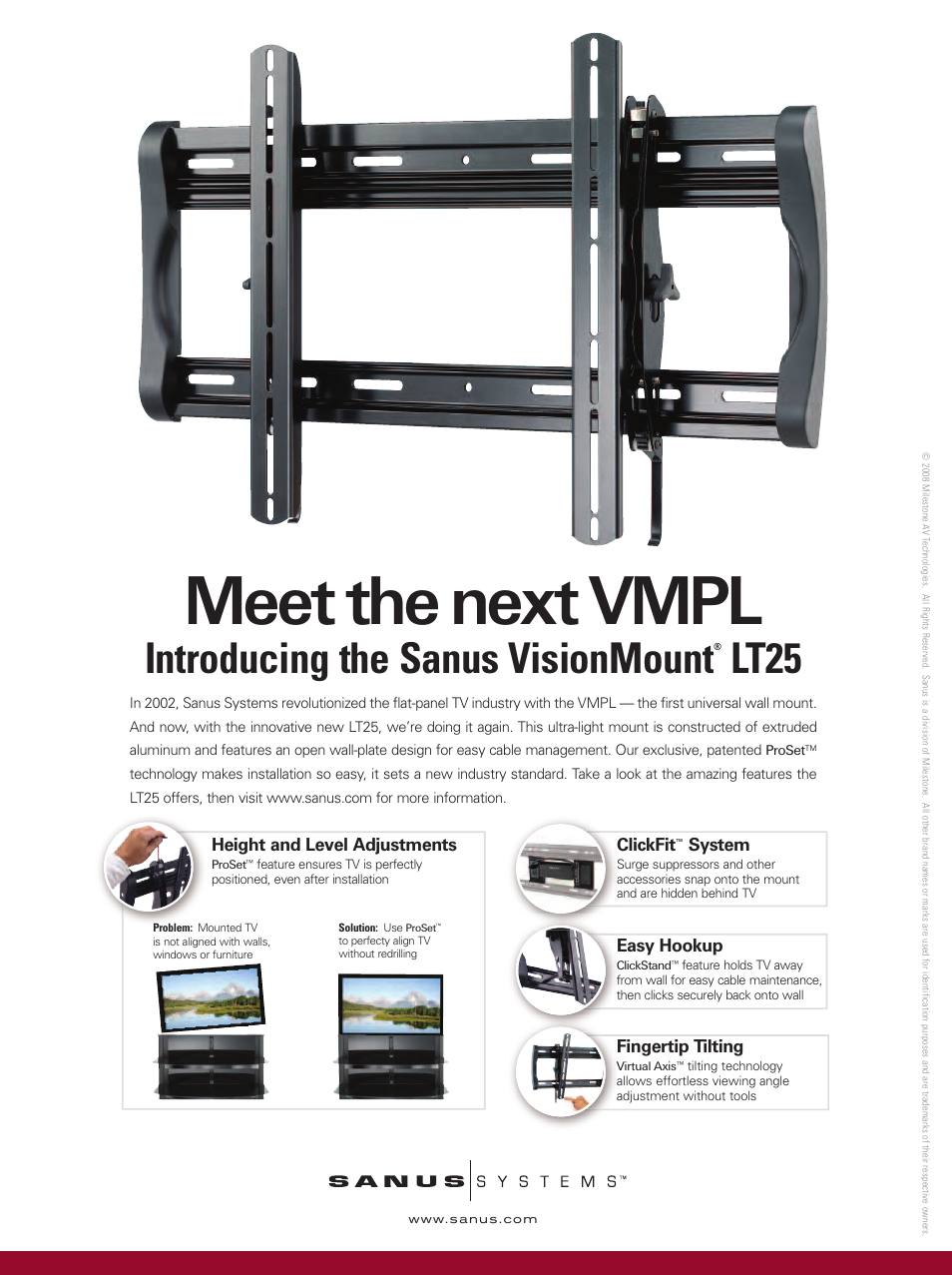 Meet the next vmpl, Introducing the sanus visionmount, Lt25 | Height and level adjustments, Clickfit, System, Easy hookup, Fingertip tilting | Sanus Systems Sanus Vertical AV Foundations VF2022-B1 User Manual | Page 16 / 16