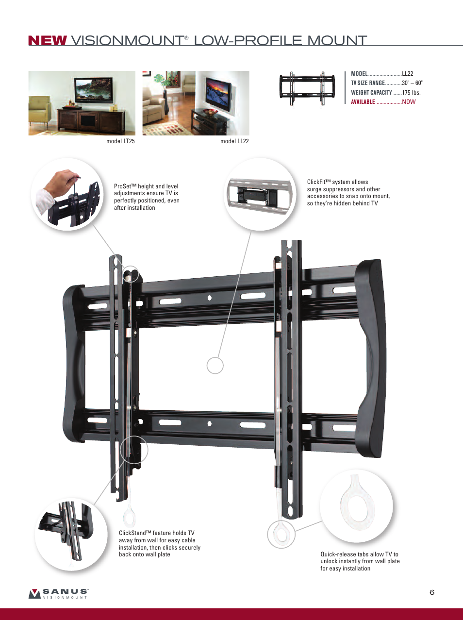 New visionmount, Low-profile mount | Sanus Systems Sanus Vertical AV Foundations VF2022-B1 User Manual | Page 7 / 16