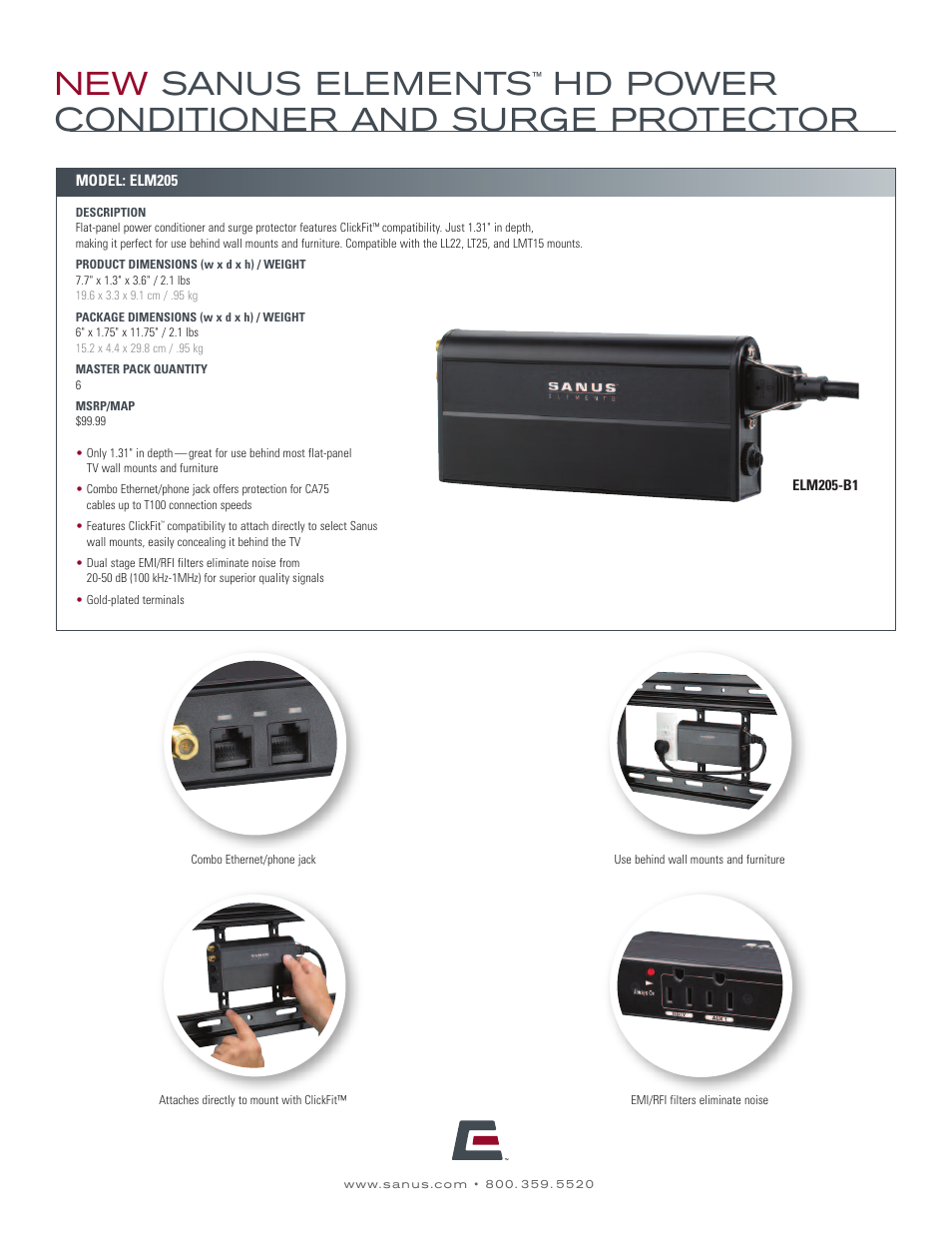 New sanus elements, Hd power conditioner and surge protector | Sanus Systems Sanus Elements ELM205-B1 User Manual | Page 2 / 2