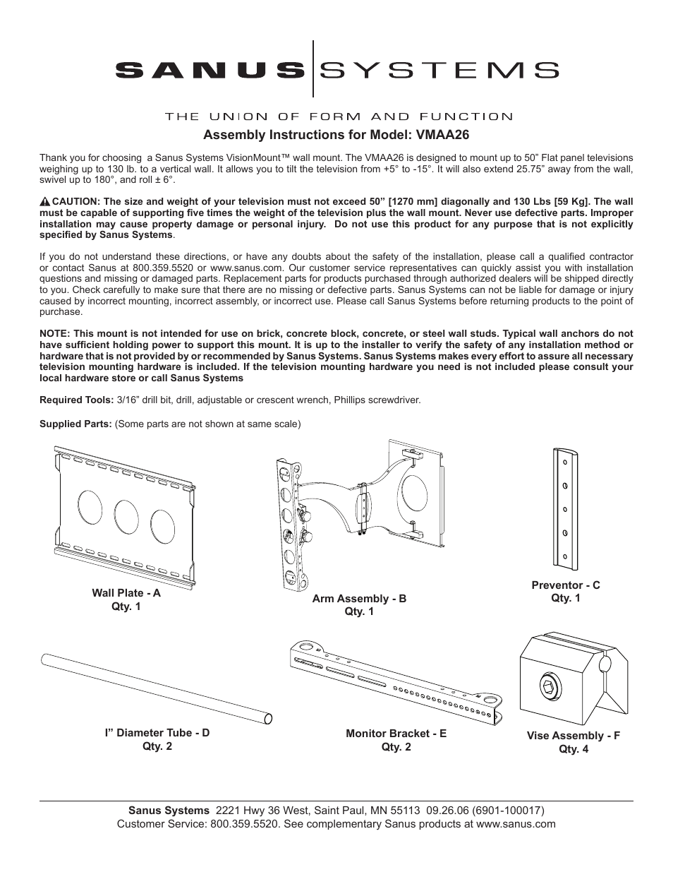 Sanus Systems VISIONMOUNTTM WALL MOUNT VMAA26 User Manual | 8 pages