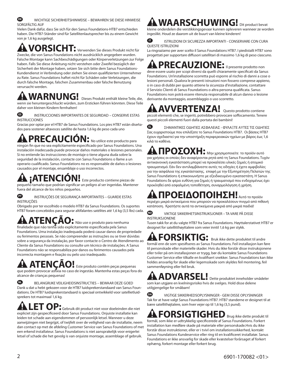 Vorsicht, Warnung, Precaución | Atención, Atenção, Let op, Waarschuwing, Precauzione, Avvertenza, Προσοχη | Sanus Systems HTB7 User Manual | Page 2 / 10