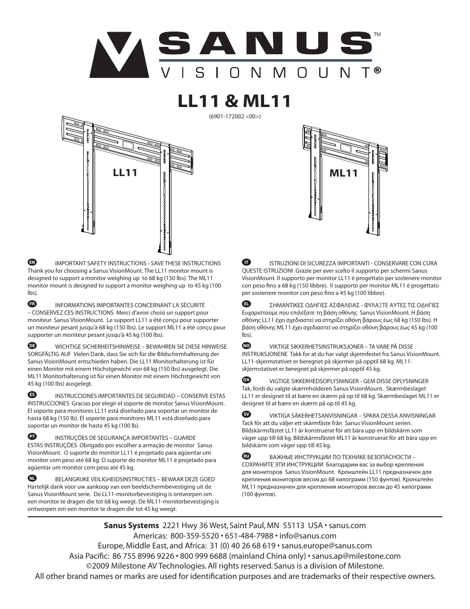 Sanus Systems VISIONMOUNT ML11 User Manual | 36 pages