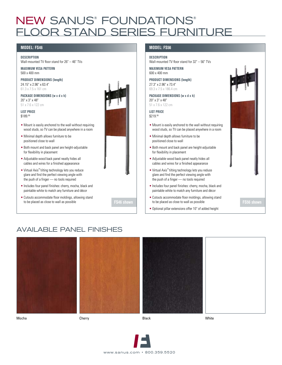 New sanus, Foundations, Floor stand series furniture | Available panel finishes | Sanus Systems Sanus Foundations FS45 User Manual | Page 2 / 2