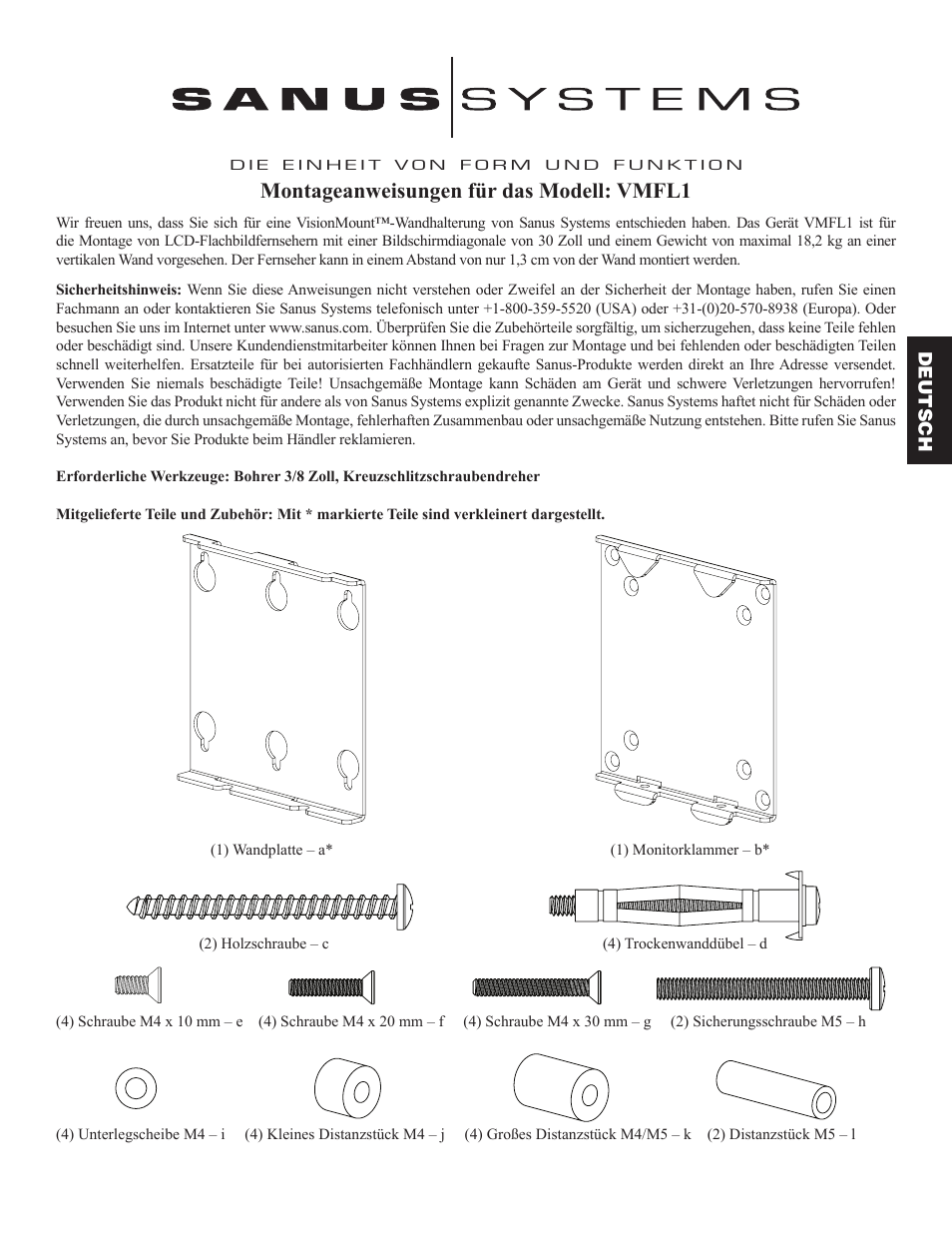 Montageanweisungen für das modell: vmfl1 | Sanus Systems VMFL1 User Manual | Page 11 / 34