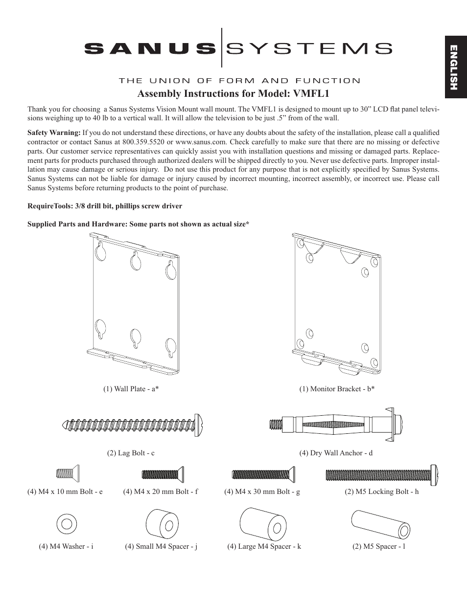 Assembly instructions for model: vmfl1 | Sanus Systems VMFL1 User Manual | Page 3 / 34