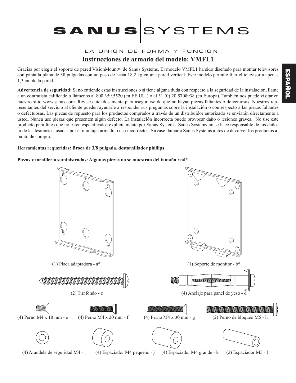 Instrucciones de armado del modelo: vmfl1 | Sanus Systems VMFL1 User Manual | Page 7 / 34