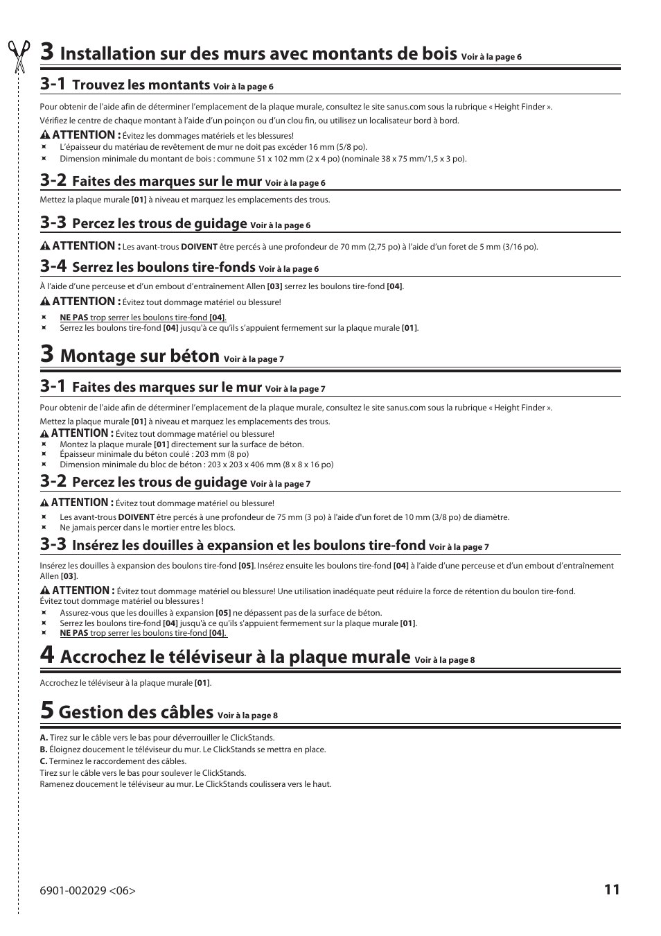 Installation sur des murs avec montants de bois, Montage sur béton, Accrochez le téléviseur à la plaque murale | Gestion des câbles | Sanus Systems VML10 User Manual | Page 11 / 36