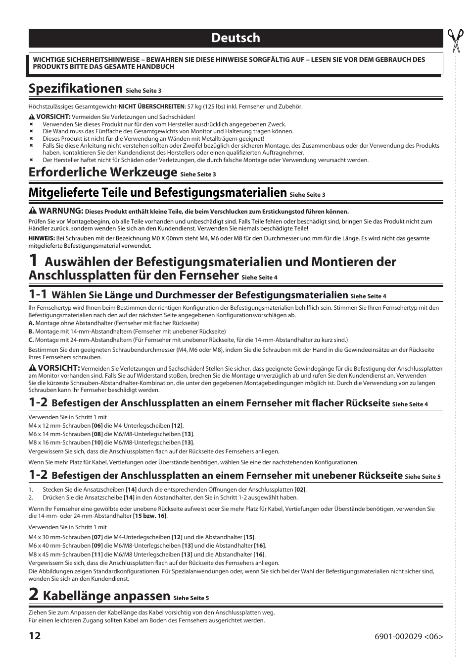 Deutsch, Spezifikationen, Erforderliche werkzeuge | Mitgelieferte teile und befestigungsmaterialien, Kabellänge anpassen | Sanus Systems VML10 User Manual | Page 12 / 36