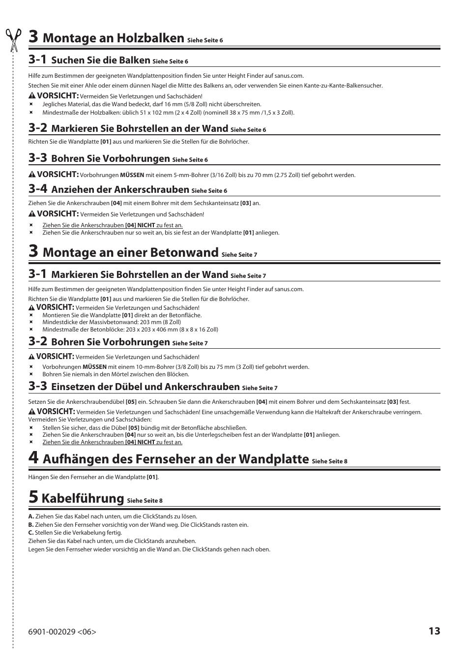 Montage an holzbalken, Montage an einer betonwand, Aufhängen des fernseher an der wandplatte | Kabelführung | Sanus Systems VML10 User Manual | Page 13 / 36