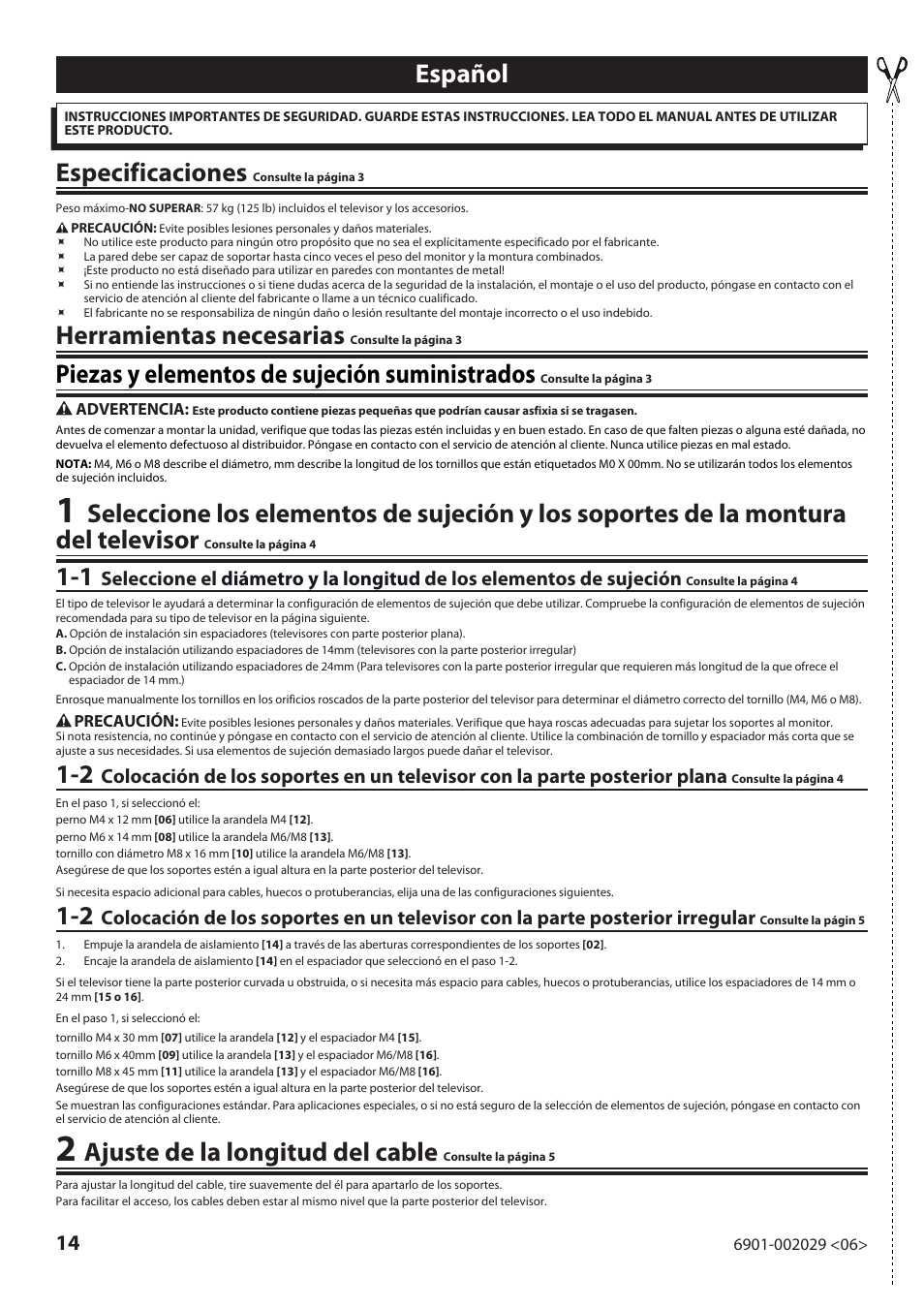 Español, Especificaciones, Herramientas necesarias | Piezas y elementos de sujeción suministrados, Ajuste de la longitud del cable | Sanus Systems VML10 User Manual | Page 14 / 36