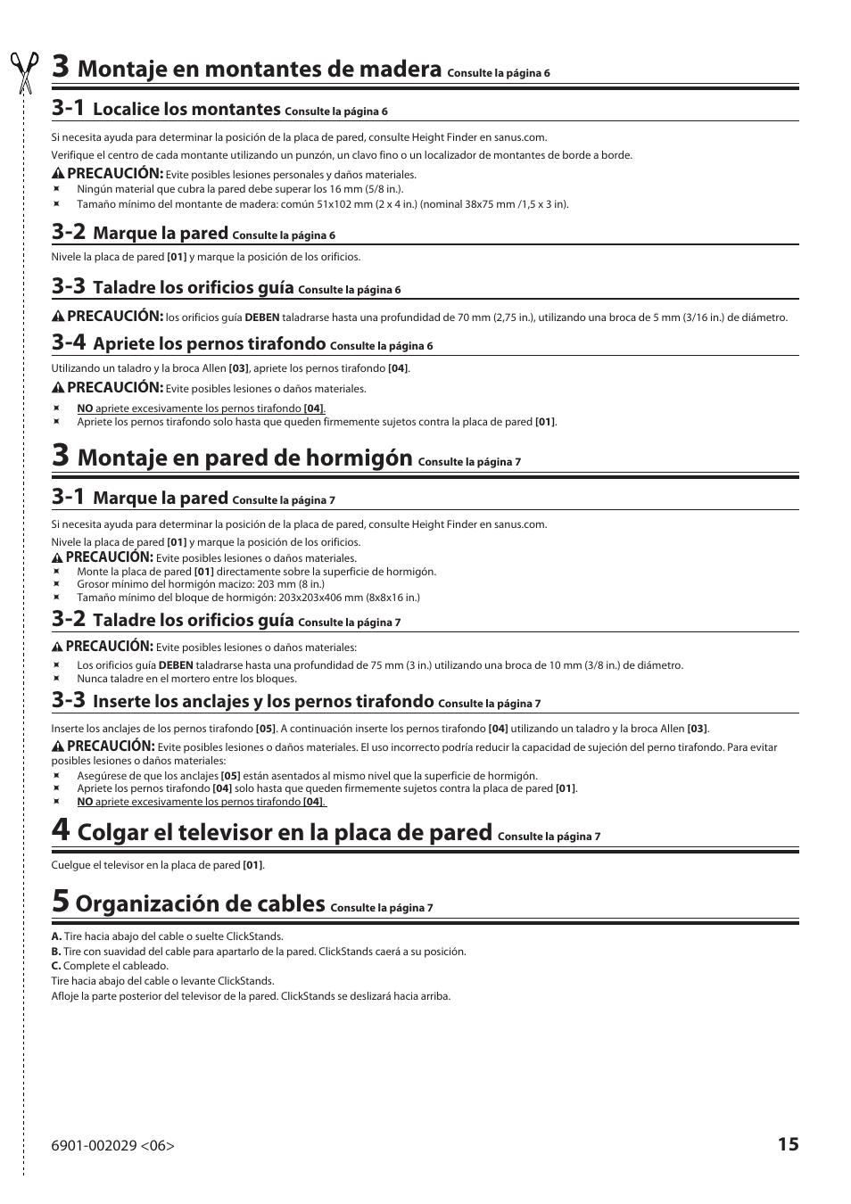Montaje en montantes de madera, Montaje en pared de hormigón, Colgar el televisor en la placa de pared | Organización de cables | Sanus Systems VML10 User Manual | Page 15 / 36
