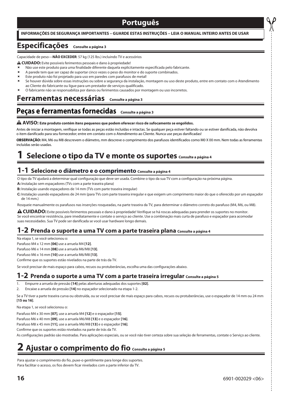 Português especificações, Selecione o tipo da tv e monte os suportes, Peças e ferramentas fornecidas | Ferramentas necessárias, Ajustar o comprimento do fio | Sanus Systems VML10 User Manual | Page 16 / 36