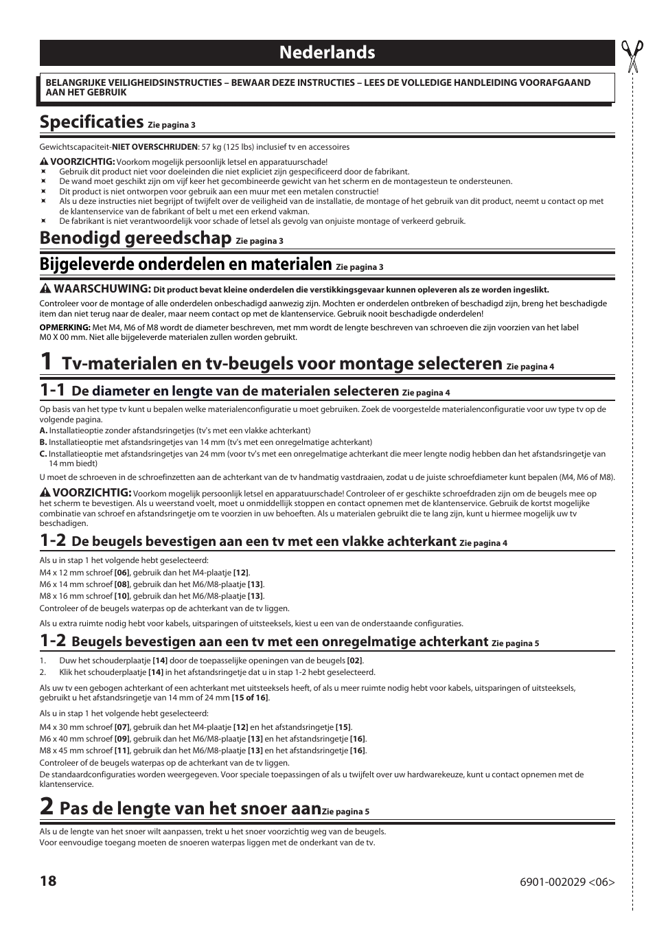 Nederlands, Specificaties, Benodigd gereedschap | Bijgeleverde onderdelen en materialen, Pas de lengte van het snoer aan | Sanus Systems VML10 User Manual | Page 18 / 36