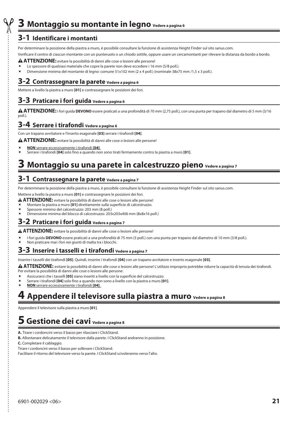 Montaggio su montante in legno, Montaggio su una parete in calcestruzzo pieno, Appendere il televisore sulla piastra a muro | Gestione dei cavi | Sanus Systems VML10 User Manual | Page 21 / 36