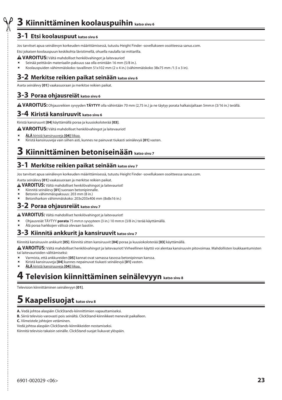 Kiinnittäminen koolauspuihin, Kiinnittäminen betoniseinään, Television kiinnittäminen seinälevyyn | Kaapelisuojat | Sanus Systems VML10 User Manual | Page 23 / 36