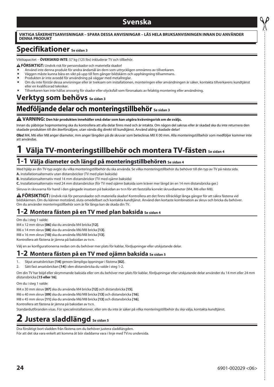 Svenska, Specifikationer, Verktyg som behövs | Medföljande delar och monteringstillbehör, Välja tv-monteringstillbehör och montera tv-fästen, Justera sladdlängd | Sanus Systems VML10 User Manual | Page 24 / 36