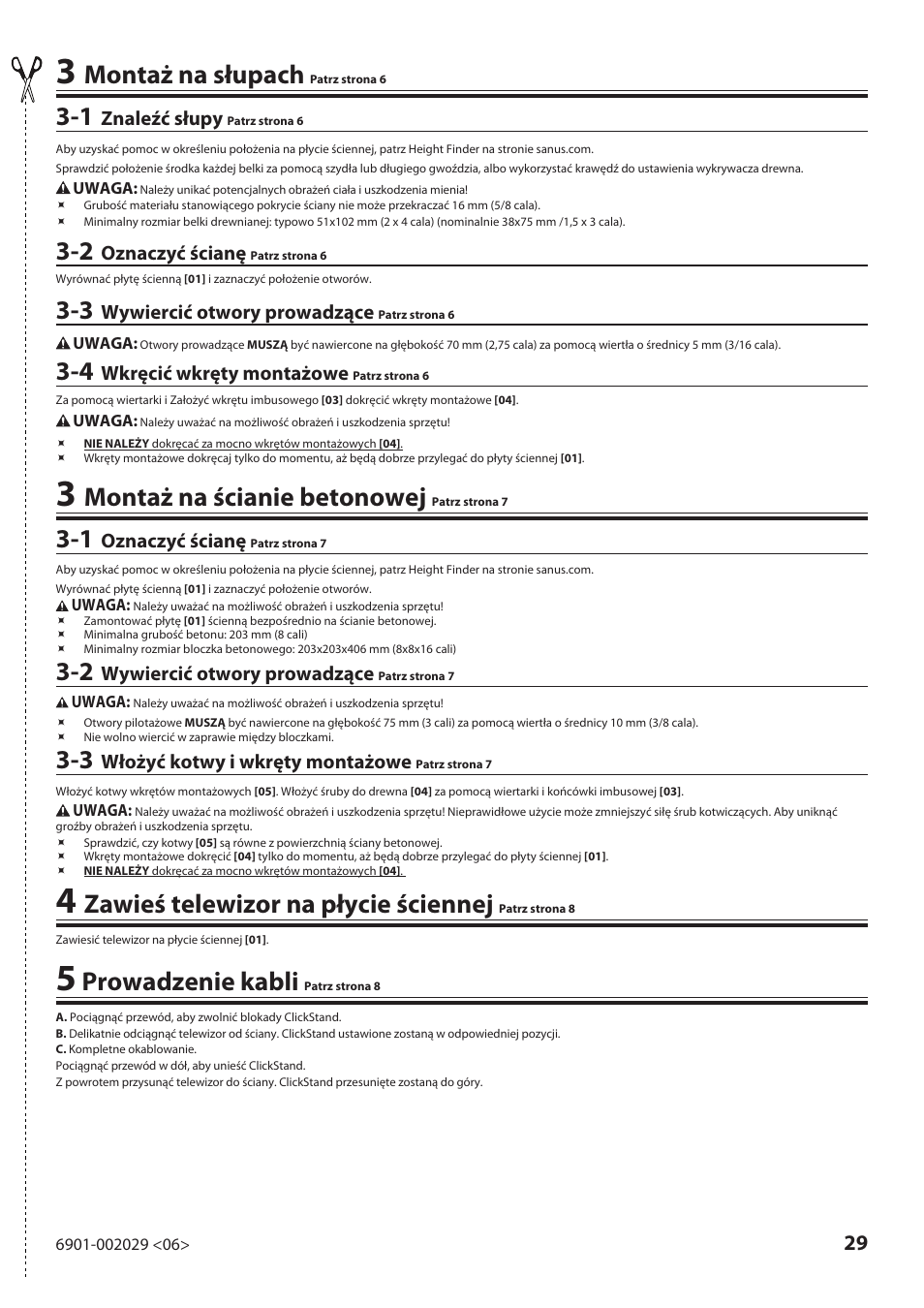 Montaż na słupach, Montaż na ścianie betonowej, Zawieś telewizor na płycie ściennej | Prowadzenie kabli | Sanus Systems VML10 User Manual | Page 29 / 36