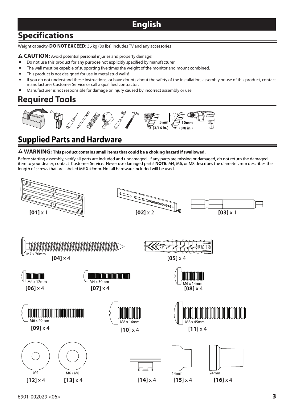 Supplied parts and hardware, Specifications, Required tools | English | Sanus Systems VML10 User Manual | Page 3 / 36