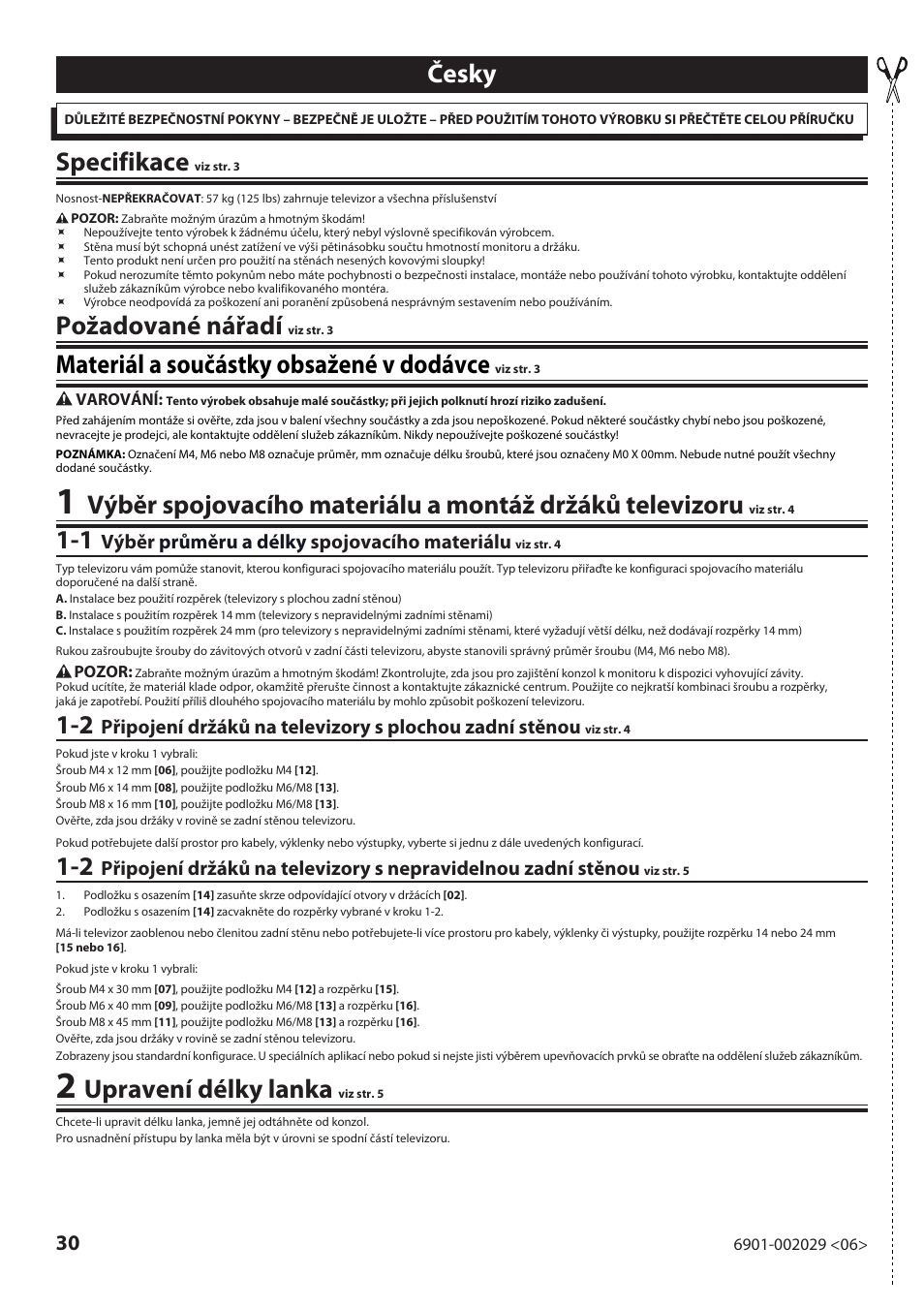 Česky, Specifikace, Požadované nářadí | Materiál a součástky obsažené v dodávce, Upravení délky lanka | Sanus Systems VML10 User Manual | Page 30 / 36