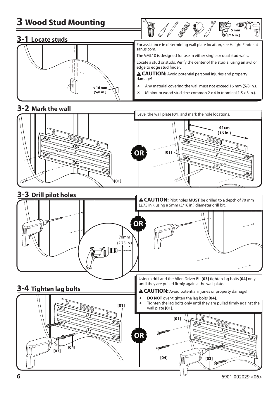 Wood stud mounting | Sanus Systems VML10 User Manual | Page 6 / 36