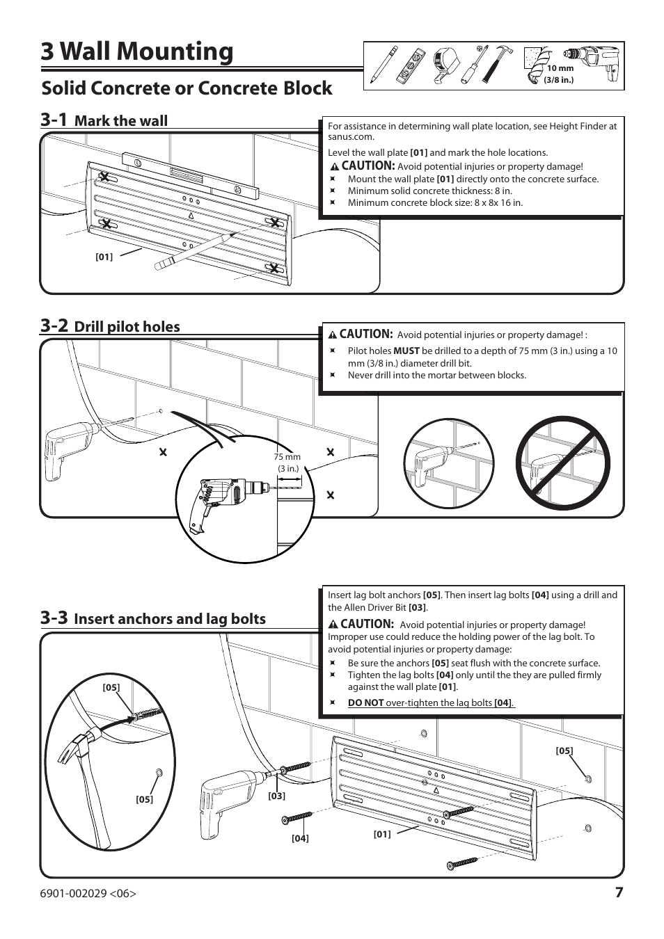 3 wall mounting, Solid concrete or concrete, Block 3-1 | Mark the wall, Drill pilot holes, Insert anchors and lag bolts | Sanus Systems VML10 User Manual | Page 7 / 36