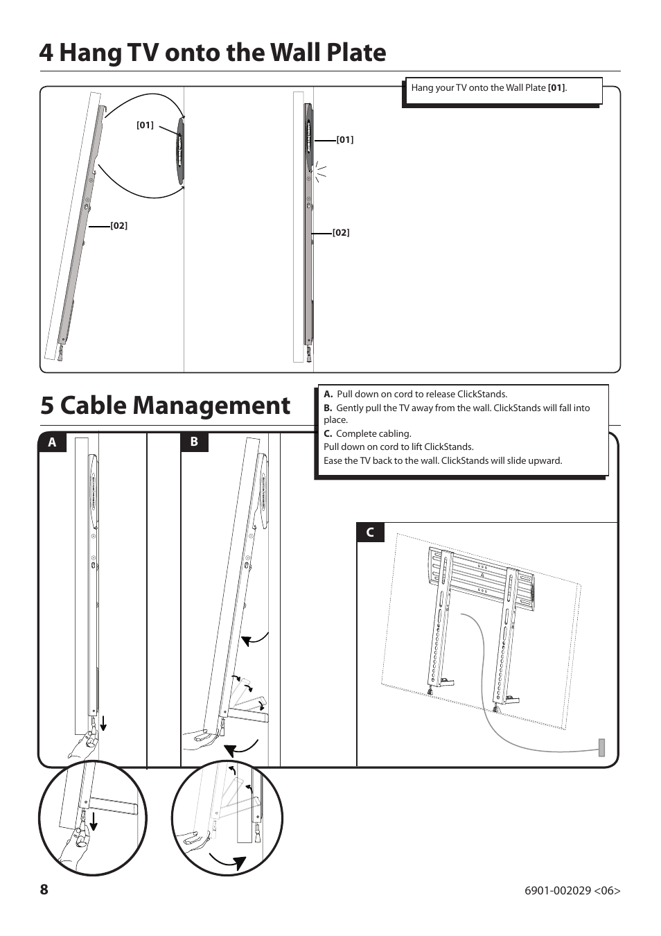 4 hang tv onto the wall plate 5 cable management | Sanus Systems VML10 User Manual | Page 8 / 36
