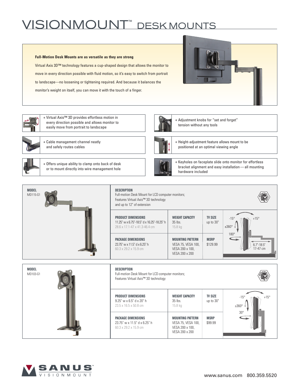 Visionmount, Desk mounts | Sanus Systems Sanus VisionMount MD115-G1 User Manual | Page 2 / 2