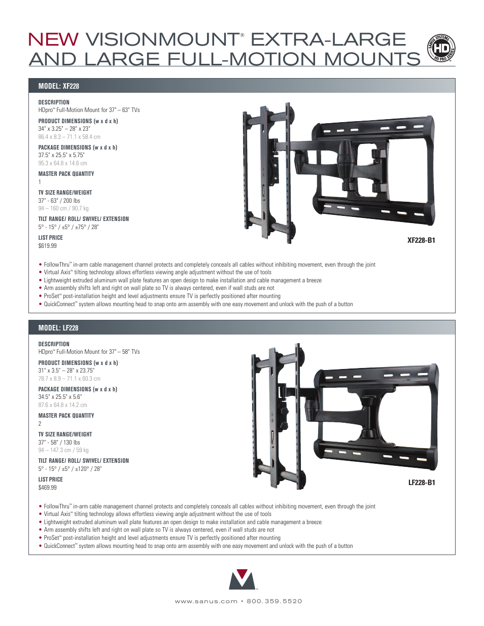 New visionmount, Extra-large and large full-motion mounts | Sanus Systems VisionMount LF228-B1 User Manual | Page 2 / 2