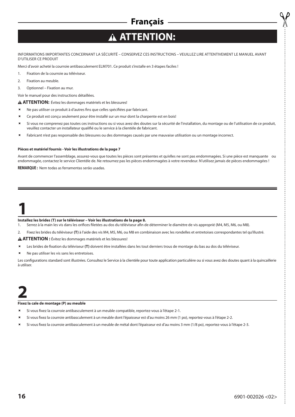 Attention, Français | Sanus Systems ELM701 User Manual | Page 16 / 48