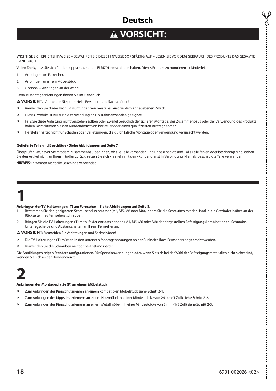 Vorsicht, Deutsch | Sanus Systems ELM701 User Manual | Page 18 / 48