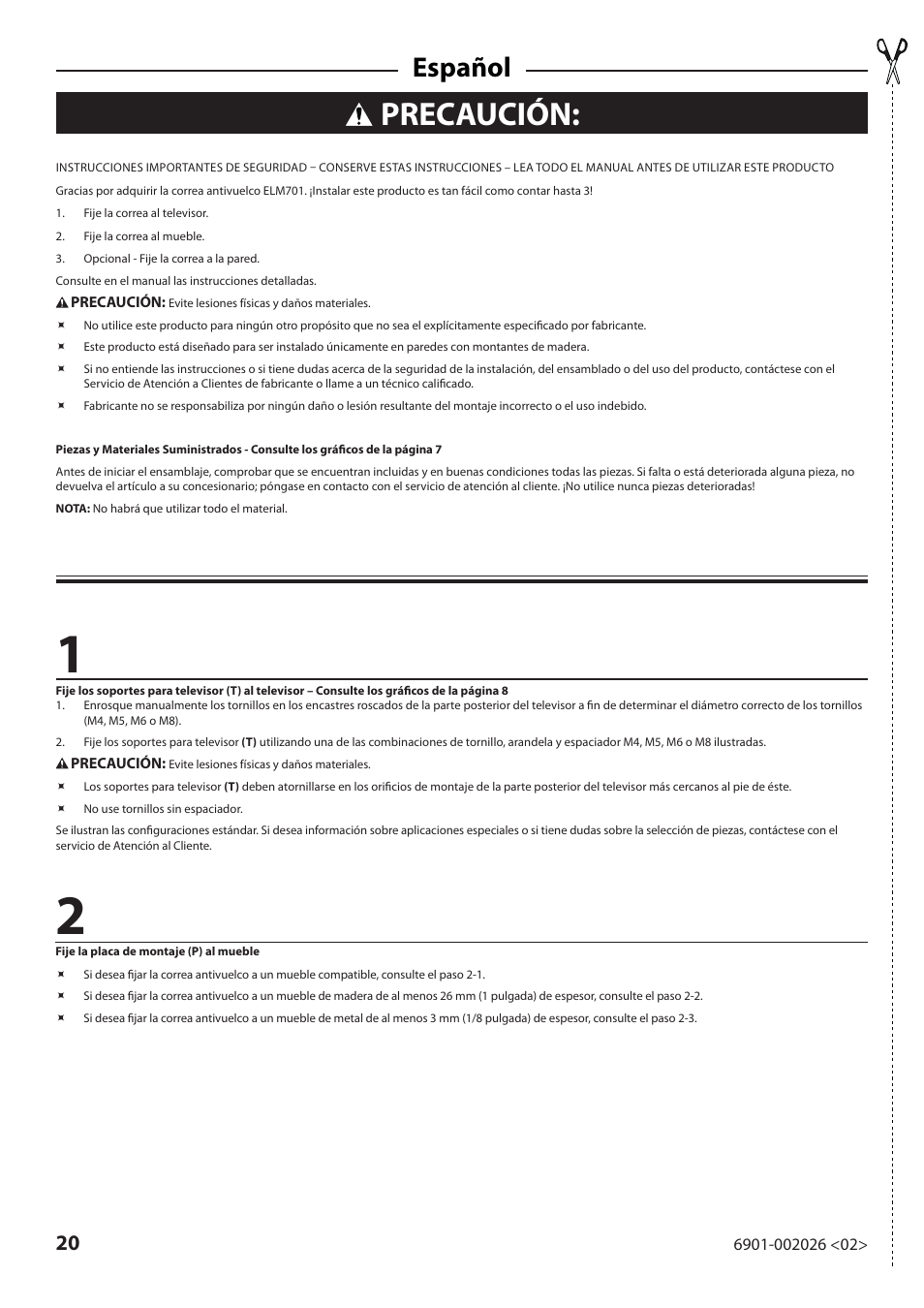 Precaución, Español | Sanus Systems ELM701 User Manual | Page 20 / 48