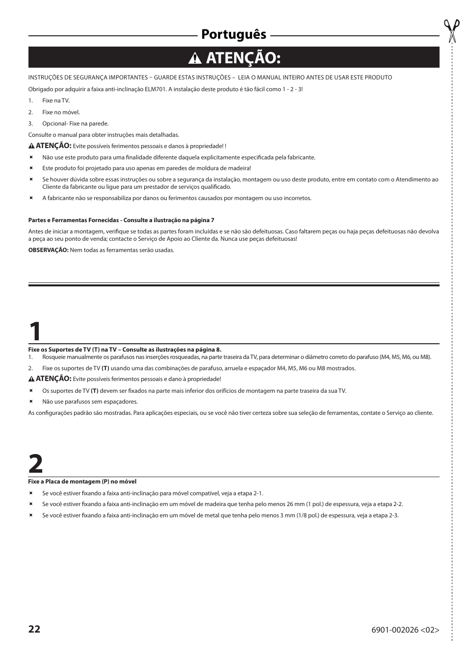 Atenção, Português | Sanus Systems ELM701 User Manual | Page 22 / 48