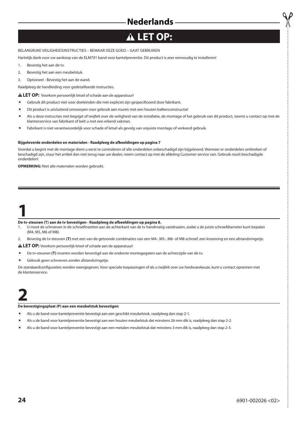 Let op, Nederlands | Sanus Systems ELM701 User Manual | Page 24 / 48
