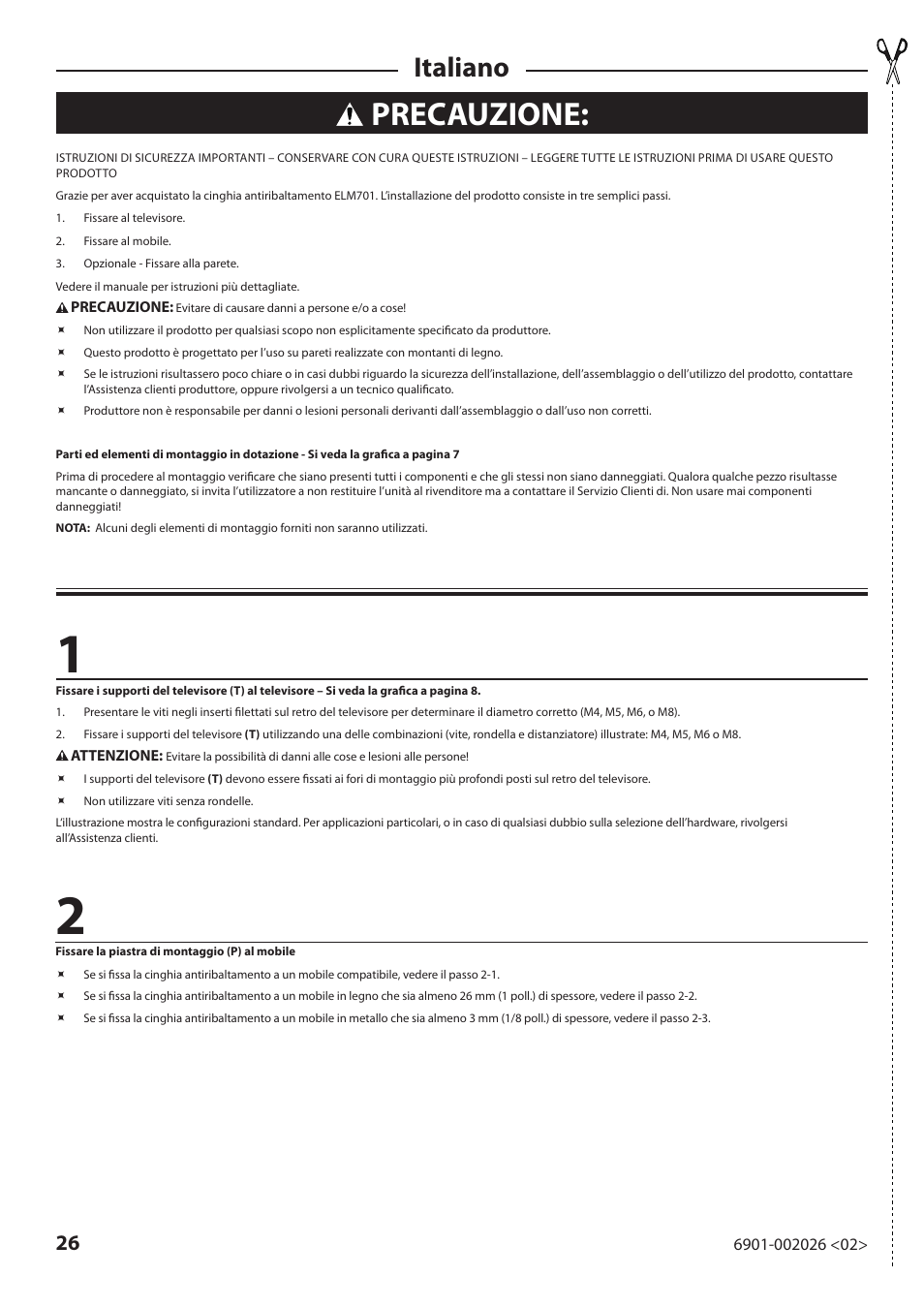 Precauzione, Italiano | Sanus Systems ELM701 User Manual | Page 26 / 48