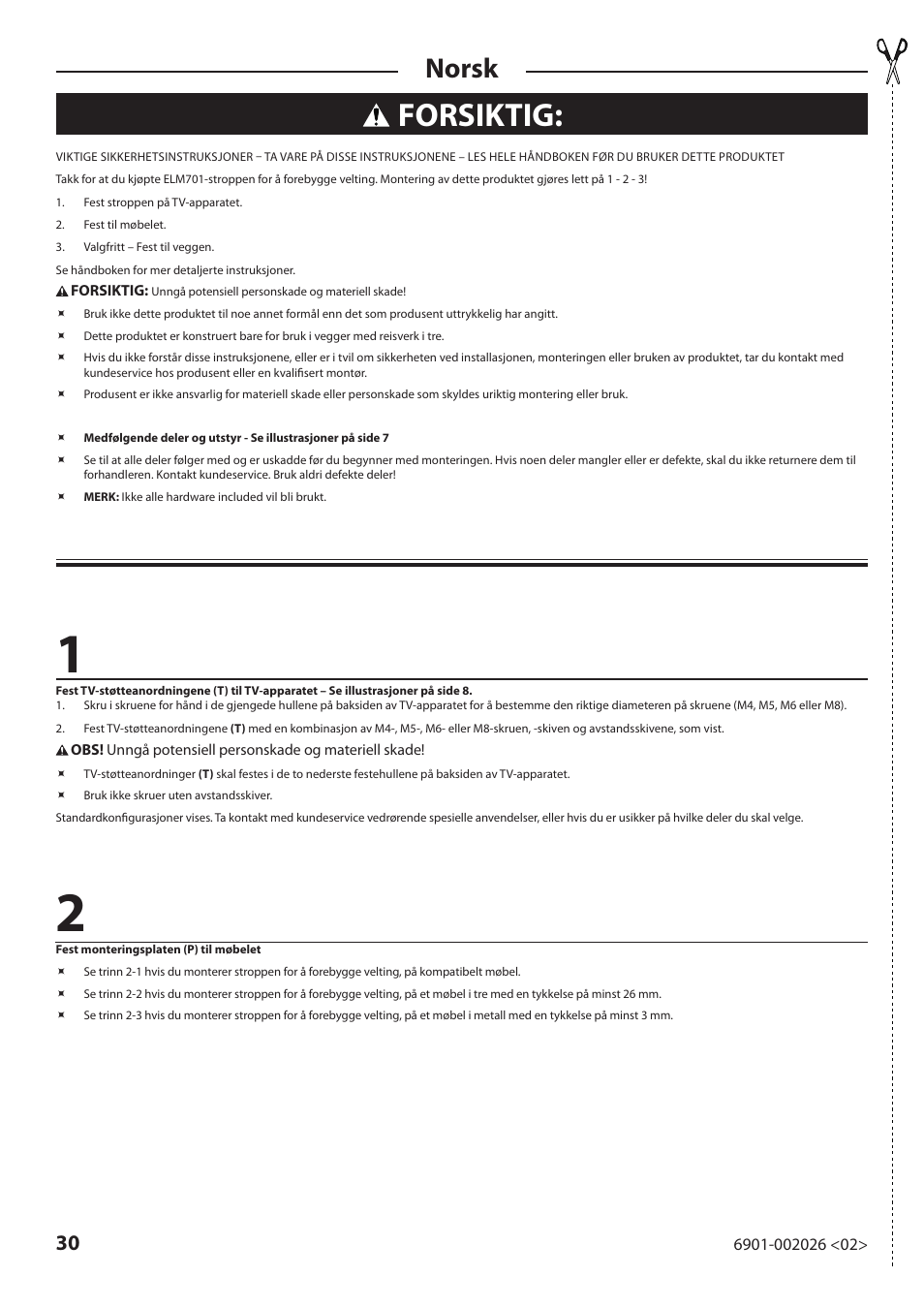 Forsiktig, Norsk | Sanus Systems ELM701 User Manual | Page 30 / 48